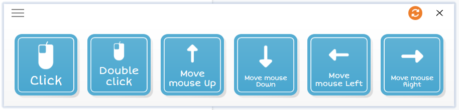 Visual representation of an eye tracking dashboard. The image displays 6 buttons, one for left click of a mouse, one for double click, and 4 arrow keys to move the mouse cursor incrementally across the screen.