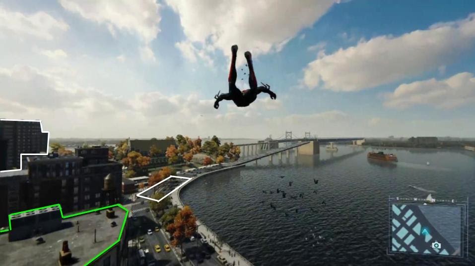 Spider-Man game screenshot of Spider-Man falling and certain locales highlighted